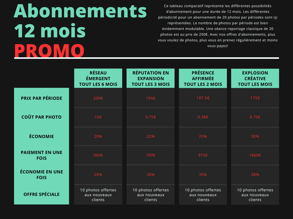 Tableau comparant les abonnements en promotion de 12 mois, avec détails sur les prix et les offres.