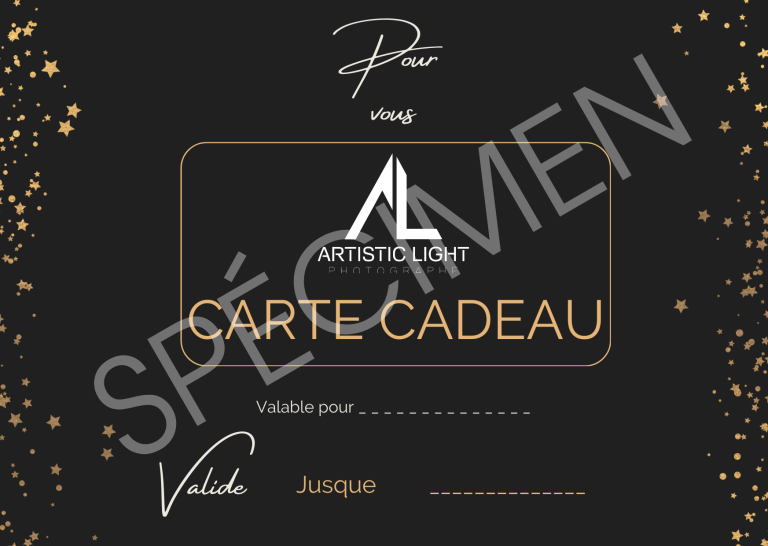 Carte cadeau design élégante avec fond noir et touches dorées, espace pour les détails.